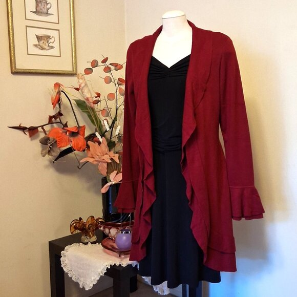 NWT Woman's Simon Chang Wine Burgundy Cardigan Coat Knit Long Outerwear - Picture 10 of 11